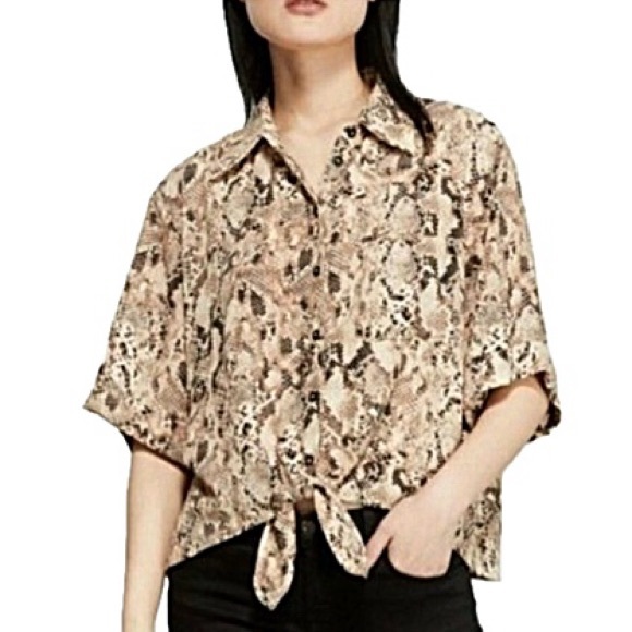 Sanctuary Snakeskin Print Shirt Womens Size Large Short Sleeve Tie Front Crop - Picture 1 of 10